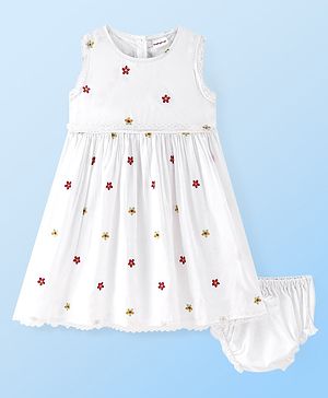 Babyhug 100% Cotton Woven Sleeveless Frock With Bloomer Floral Print - White