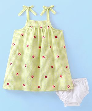 Babyhug Woven Sleeveless Frock With Bloomer Floral Embroidered - Green