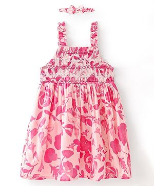 Babyhug Rayon Woven Sleeveless Frock With Headband Floral Print - Pink