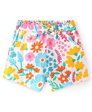 Babyhug Cotton Knit Single Jersey Mid Thigh Shorts With Floral Print - Pink & White
