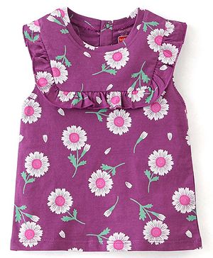 Babyhug 100% Cotton Knit  Sleeveless Top with Frill Detailing & Floral  Print - Purple