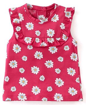 Babyhug 100% Cotton Knit Sleeveless Top with Frill Detailing & Floral Print - Dark Pink