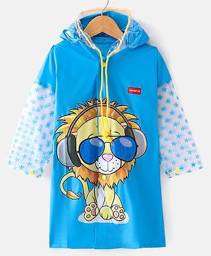 Babyhug Full Sleeves Knee Length Raincoat Lion Roar Print - Sky Blue