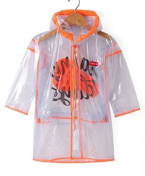 Babyhug Full Sleeves Below Knee Length Transparent Raincoat Rainy Day Print - Neon Orange