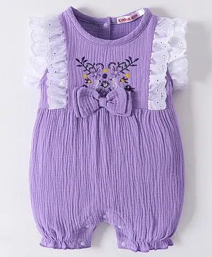 Kookie Kids Sleeveless Romper with Floral Embroidery Frill Detailing Bow Applique - Purple