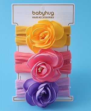 Babyhug Free Size Headbands With Flower Applique Pack of 3 - Yellow Pink & Purple
