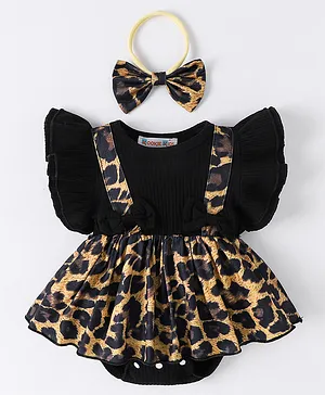 Kookie Kids Frill Sleeve Frock Style Onesie & Bow Headband With Leopard Print - Black