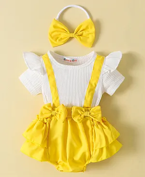 Kookie Kids Half  Sleeves Frock Style Onesie & Bow Headband With Solid Colour - White & Yellow