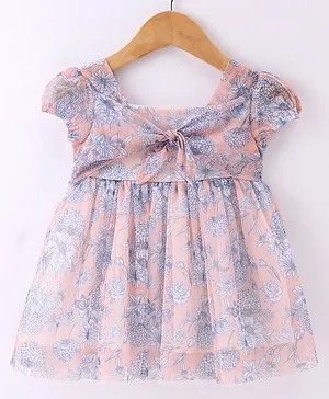 ToffyHouse 100% Chiffon Woven Half Sleeves Party Frock with Floral Print - Light Peach