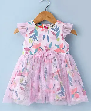 ToffyHouse 100% Cotton Woven Frill Sleeves Party Frock with Floral Print & Applique - Multicolour
