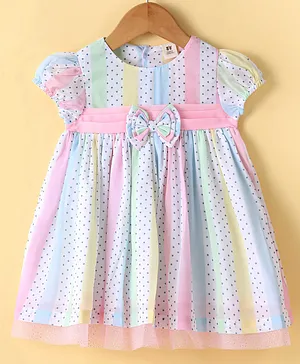 ToffyHouse 100% Cotton Woven Half Sleeves Party Frock with Polka Dot Print Bow Applique - Multicolour
