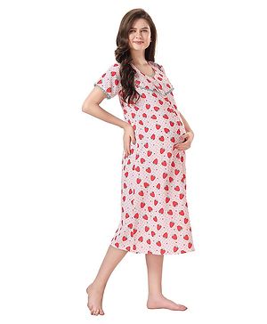 Piu Half Sleeves Strawberry  Printed Maternity Nighty With Concealed Zipper Nursing Access - Red