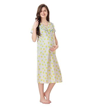 Piu Half Sleeves Strawberry  Printed Maternity Nighty With Concealed Zipper Nursing Access - Yellow