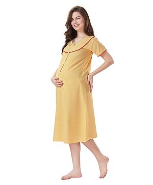 Piu Half Sleeves Abstract Printed Maternity Nighty With Concealed Zipper Nursing Access - Yellow