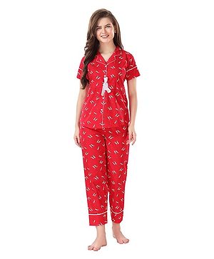 Piu Half Sleeves  Rabbit Printed Coordinating Night Suit - Red