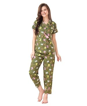 Piu Half Sleeves Cat Printed Coordinating Night Suit - Green