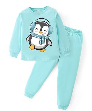 BLUSHES Full Sleeves Penguin  Printed Night Suit - Sea Green