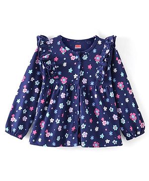 Babyhug 100% Cotton Knit Full Sleeves Front-Open Floral Printed Top with Frill Detailing - Navy Blue