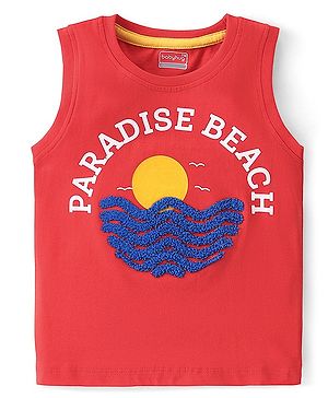 Babyhug   Cotton Knit Sleeveless T-Shirt with Wave Embroidery  & Text  Print - Red