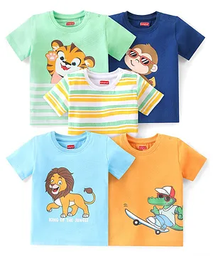 Babyhug Cotton Knit Half Sleeves T-Shirts with Animal Graphics Pack of 5 - Multicolour