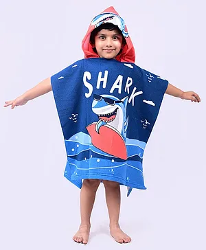 Yellow Bee Half Sleeves Shark Printed  With Hooded Poncho  Towel - Navy Blue & Red
