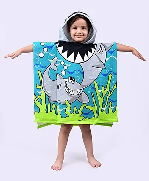 Yellow Bee Half Sleeves Shark Printed With Hooded Poncho Towel - Light Blue & Green
