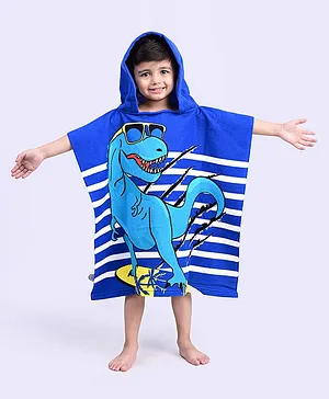 Yellow Bee Half Sleeves Dinosaur  Printed With Hooded Poncho Towel - Navy Blue