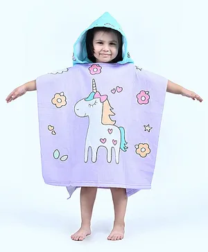 Yellow Bee Half Sleeves Unicorn & Floral Printed With Hooded Poncho  Towel - White & Aqua Blue
