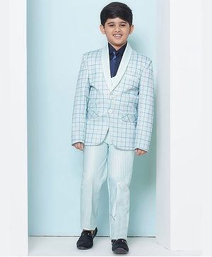 AJ Dezines Full Sleeves Solid Shirt With Coordinating Striped Waistcoat & Pant With Blazer & Tie - Sky Blue