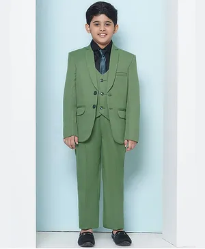 AJ Dezines Full Sleeves Solid Shirt Coordinating Waistcoat & Pant With Blazer & Tie - Green