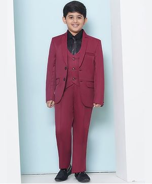 AJ Dezines Full Sleeves Solid Shirt Coordinating Waistcoat & Pant With Blazer & Tie -  Maroon