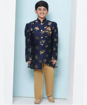 AJ Dezines Brocade Full Sleeves Floral Foil Printed Sherwani Set - Green