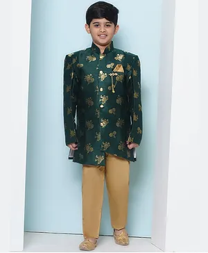 AJ Dezines Brocade Full Sleeves Floral Foil Printed Sherwani Set - Green