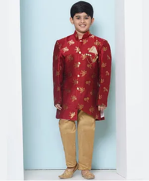AJ Dezines Brocade Full Sleeves Floral Foil Printed Sherwani Set - Red