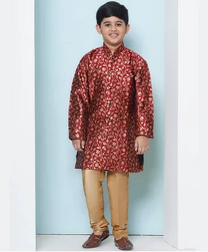 AJ Dezines Jacquard Full Sleeves Floral Swirl Foil Printed Sherwani & Pyjama Set - Red
