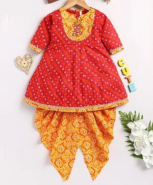 TOONYPORT Three Fourth Sleeves Bandhej Designed & Floral Embroidered Kurta Dhoti Set - Red & Yellow