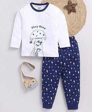 TOONYPORT Cotton Full Sleeves Mushroom & Star Printed Coordinating Tee With Joggers Set - White & Blue