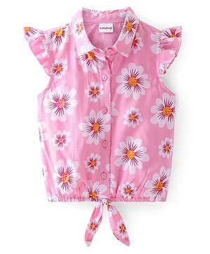 Babyhug Rayon Woven Frill Sleeves Top With Knot & Floral Print - Pink