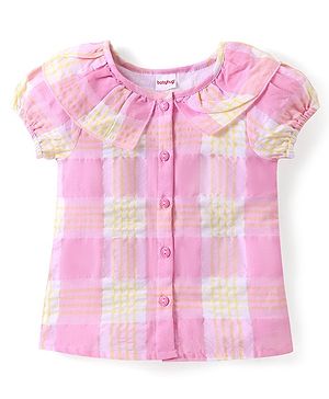 Babyhug Cotton Woven Puffed Sleeves Top With Frill Detailed Collar & Checks - Pink