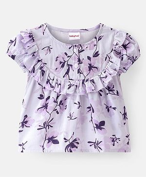 Babyhug Rayon Woven Half Sleeves Top With Knot Floral Print - Purple