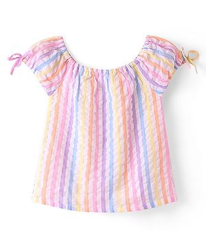Babyhug Cotton Blend Woven  Half Sleeves Top with Stripes - Pink & Purple