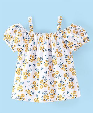 Babyhug Rayon Woven Gathered Half Sleeves Top With Floral Print - White Yellow & Blue