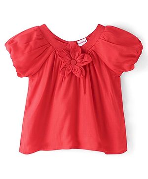 Babyhug Rayon  Gathered Half Sleeves Woven Top With Floral Corsage - Red