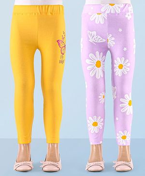 Honeyhap Premium Cotton Elastane Single Jersey Full Length Floral Printed Leggings with Bio Finish Pack Of 2 - Lavendula & Banana Yellow