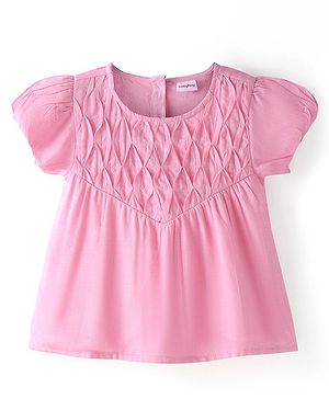 Babyhug Rayon Woven A-Line Gathered Puffed Half Sleeves Top With Fabric Manipulation - Light Pink