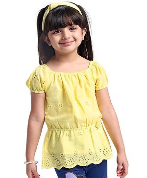 Babyhug Cotton Woven  Half Sleeves  Top with Floral Corsage Solid Colour - Yellow