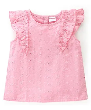Babyhug 100% Cotton Woven Sleeveless Chikankari Top with Frill Detailing - Light Pink
