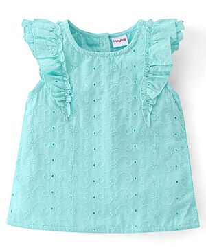 Babyhug 100% Cotton Woven Sleeveless Chikankari Top with Frill Detailing - Light Blue