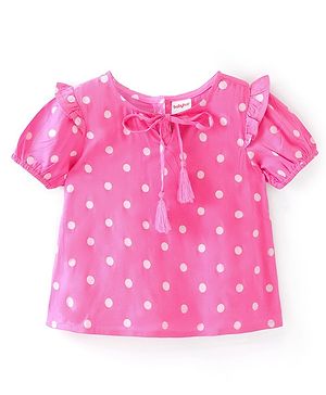 Babyhug Rayon Woven Half Sleeves Polka Dots & Frill Detailing Top - Pink