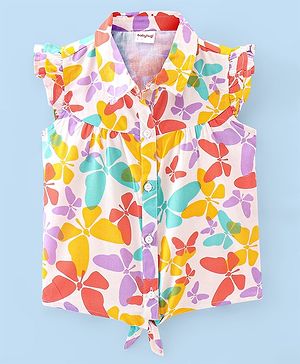 Babyhug  Rayon Woven Frill Sleeves Front Open Top with Knot Detailing Butterfly Print - White